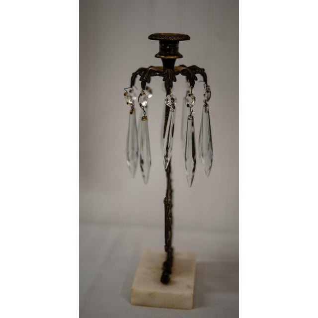 Stone 1950s Hollywood Regency Bronze and Crystal Candelabra Pair on Marble Base. For Sale - Image 7 of 8