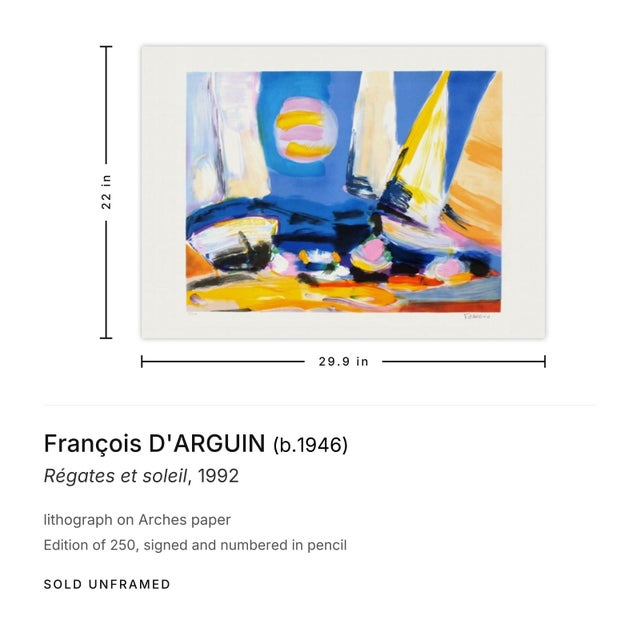 Nautical 1992 François d'Arguin Régates Et Soleil Signed Lithograph For Sale - Image 3 of 3