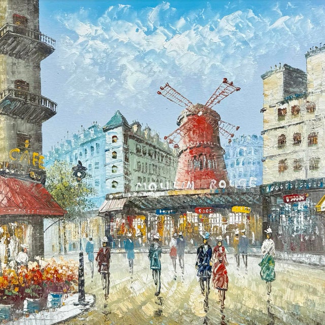 Vintage Paris Cityscape Moulin Rouge Oil Painting, Large Framed 1930s Impressionist Art For Sale - Image 4 of 7