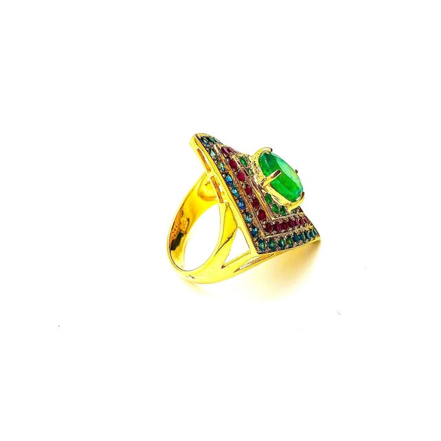 Gemstone Bochic "Orient" Natural Emerald, Ruby & Sapphire Ring Set In 18K Gold &Silver For Sale - Image 7 of 18