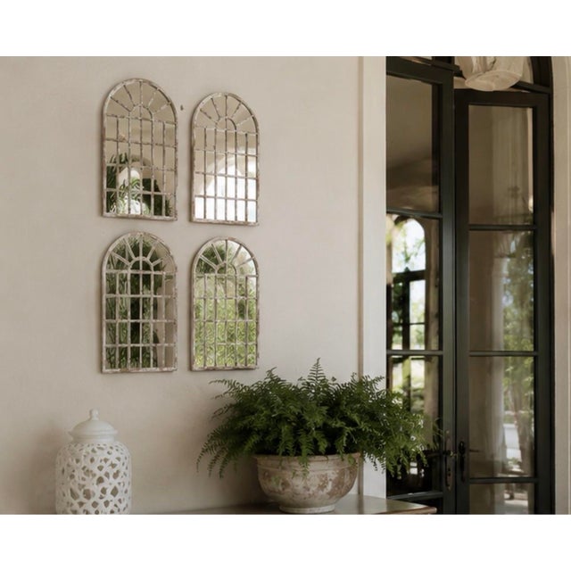 Set of Four Vintage White-Washed Iron Arched Window-Style Wall Mirrors For Sale - Image 12 of 12