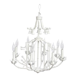 Large Palm Beach Regency Pagoda Faux Bamboo White Chandelier - 8 Arms For Sale