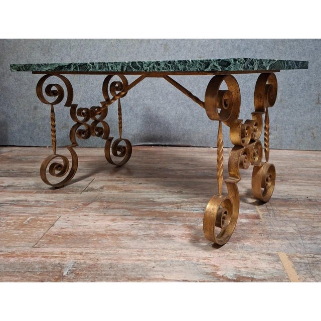 Wrought Iron Coffee Table with Scrollwork Decor and Marble Top, 20th Century Work For Sale - Image 4 of 8