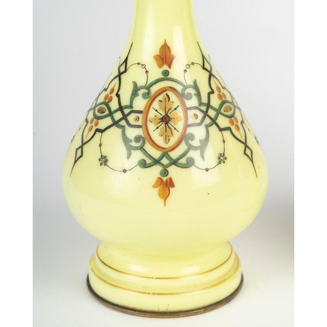 Pair of oil lamps made of painted opaline glass with crystal shades, 19th century, Napoleon III period. Pair of Napoleon...