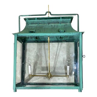 One of a Kind Hand-Painted Turquoise Hanging Lantern Steel & Solid Brass For Sale