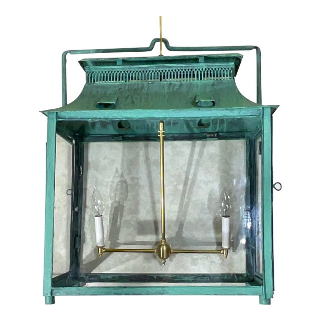 One of a Kind Hand-Painted Turquoise Hanging Lantern Steel & Solid Brass For Sale