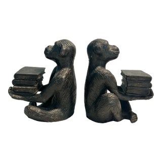 20th C. MCM Chopstick for Andrea by Sadek Cast Iron Monkey Book Ends For Sale