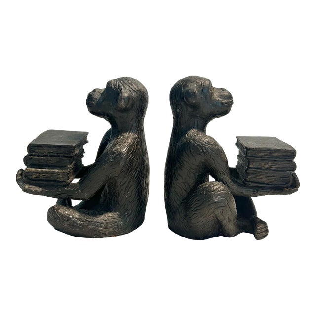 20th C. MCM Chopstick for Andrea by Sadek Cast Iron Monkey Book Ends For Sale