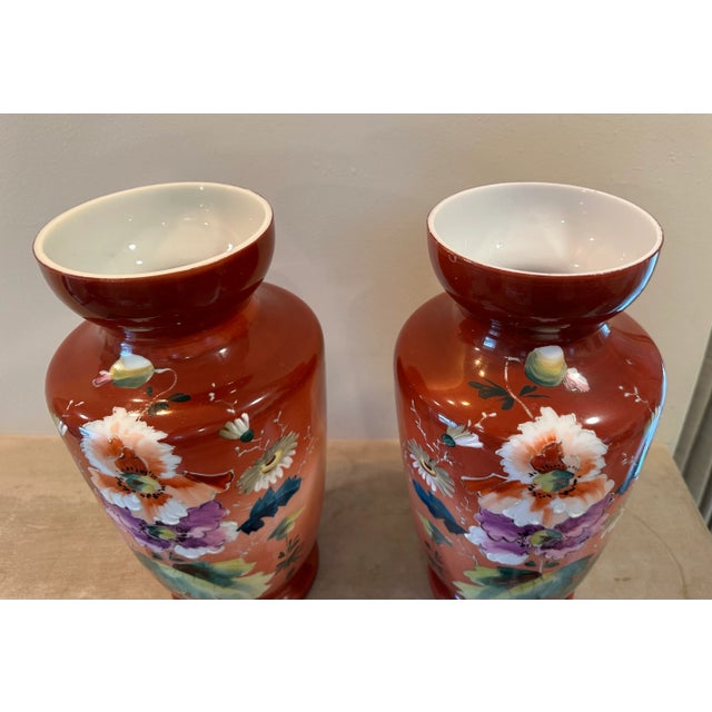 Pair of Large Bristol Milk Glass Victorian Floral Hand Painted Vases For Sale - Image 4 of 14