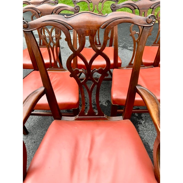 Nice set of 6 solid mahogany Chippendale style dining chairs with saddle seats. There is 1 armchair and 5 side chairs....