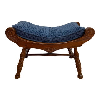 Mid 20th Century Vintage English Style Twisted Legs Footstool With Blue Cushion For Sale