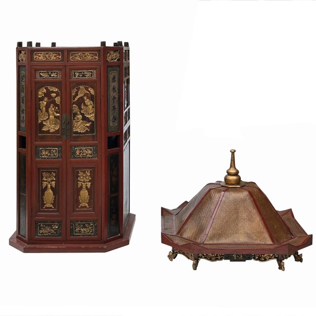 The Vintage Fujian Golden Carving Red Rattan Top Chinese Wedding Bridal Sedan Chair Wedding Cart Display is a spectacular...