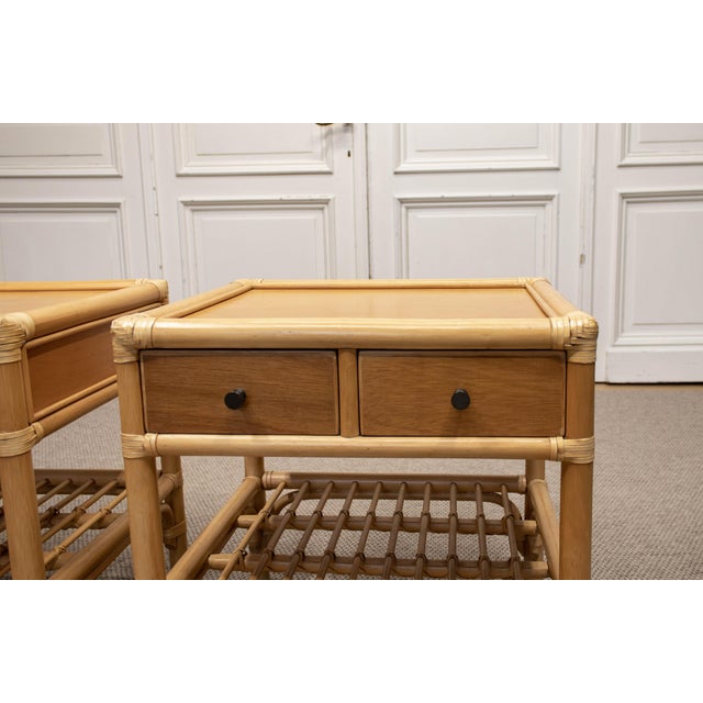 A beautiful and rare pair of Swedish bamboo nightstands from the 1970s, designed by Kenneth Bergenblad for DUX. These...