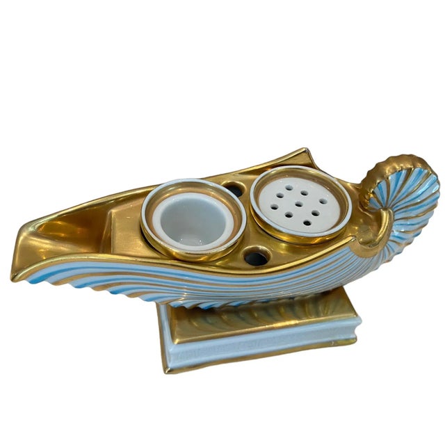 Mid 19th Century Mid 19th Century Antique Bavarian r.p.m (Germany) Nautilus Shell Porcelain Inkwell in Blue and Gold For Sale - Image 5 of 7