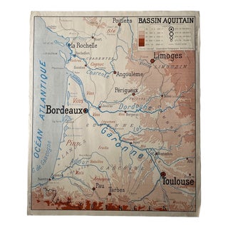 Vintage School Map of Aquitaine Basin / Mediterranean South, 1950s For Sale