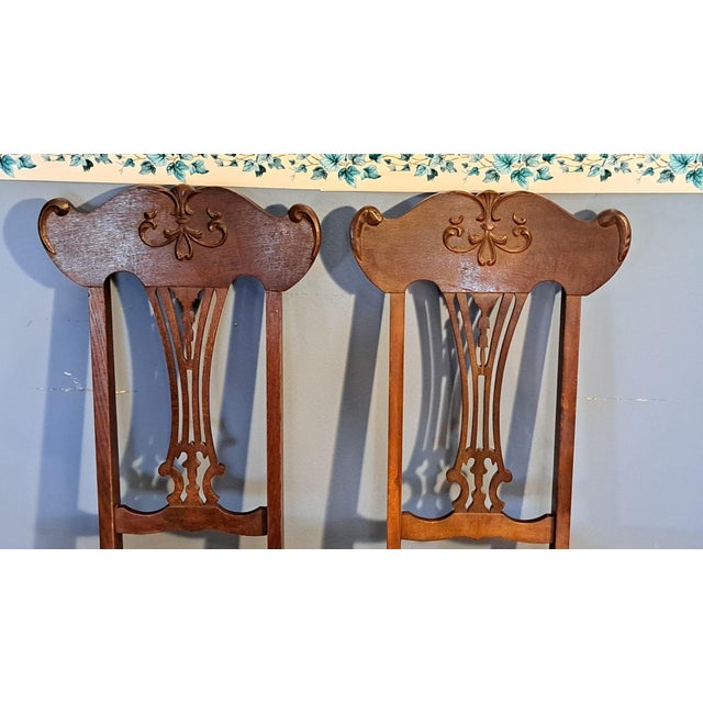 Brown Pair Antique Quarter Sawn Oak Chairs Art Nouveau Carved Backs Tiger Oak C1900 For Sale - Image 8 of 12