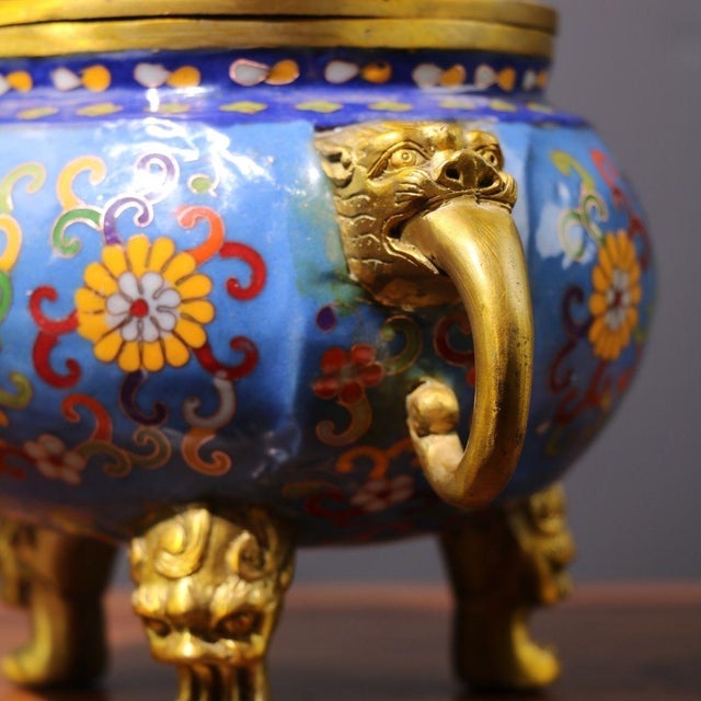 Metal Late 20th Century Cloisonné Enamel Censer With Lion Finial and Dragon Handles For Sale - Image 7 of 8