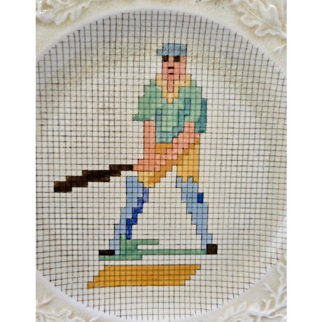 Cream English Mason’s Ironstone Sampler Needlepoint Sporting Plates With Embossed Floral Borders, Set of 6, Circa 1930 For Sale - Image 8 of 18
