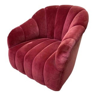 Vintage Red Velvet Scalloped Swivel Club Chair For Sale
