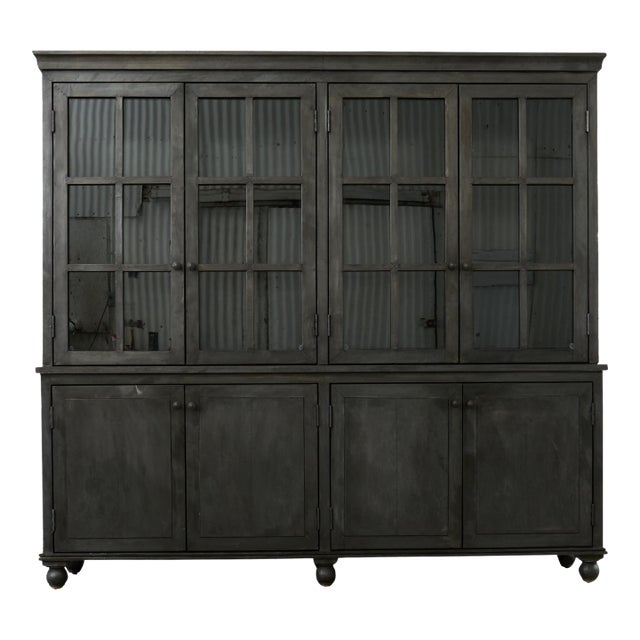 Industrial Style Zinc Metal Wrapped Glass Door Bookcase For Sale