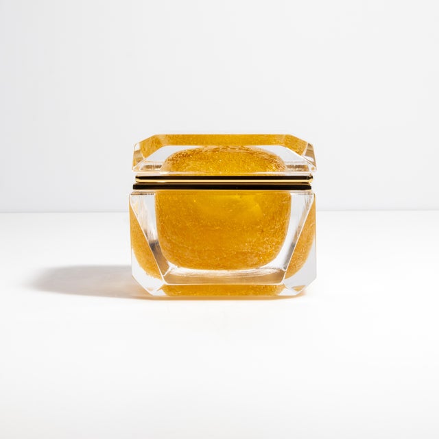 Amber Hand Blown Murano Box in Amber With Bubbles and Brass Fittings For Sale - Image 8 of 9