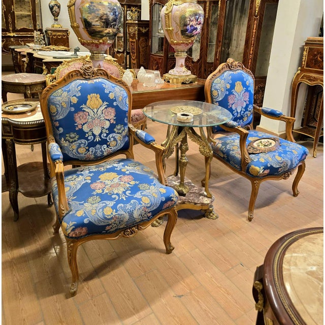 French French Louis XV Armchair – Blue Floral Damask Upholstery With Gilded Wood Frame For Sale - Image 3 of 4