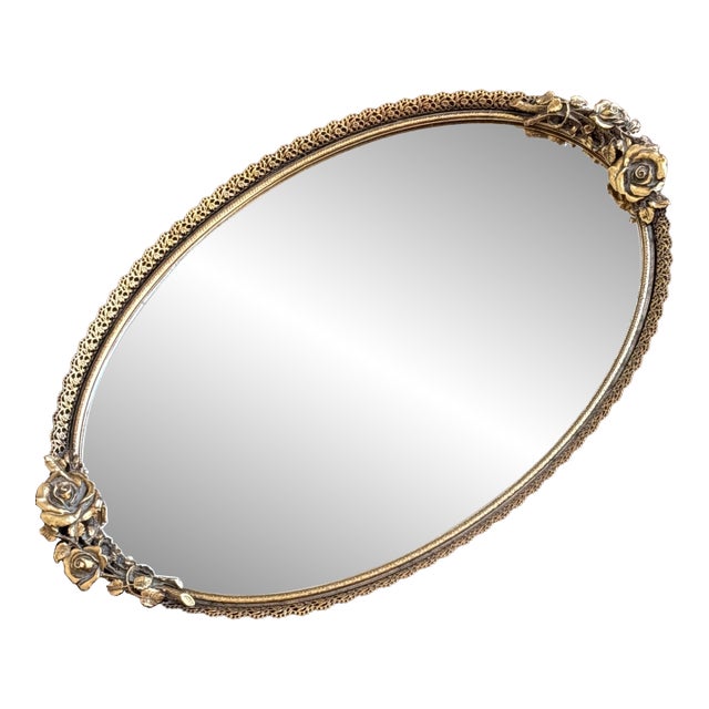 1950s Hollywood Regency Mirrored Vanity Tray W/ Ornate Gold Plated Filigree Frame For Sale