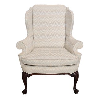 Late 20th Century Southwood Mahogany Queen Anne Style Wing Chair Flame Stitch Fabric Made Usa For Sale
