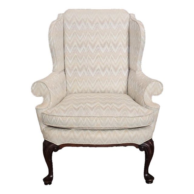 Late 20th Century Southwood Mahogany Queen Anne Style Wing Chair Flame Stitch Fabric Made Usa For Sale