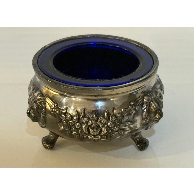 Vintage Silverplate & Cobalt Glass Footed Salt Cellar / Decorative Vanity Bowl For Sale - Image 4 of 12