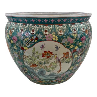 Chinese Famille Verte Style Porcelain Fish Bowl Jardinière Phoenix & Lotus, 20th For Sale