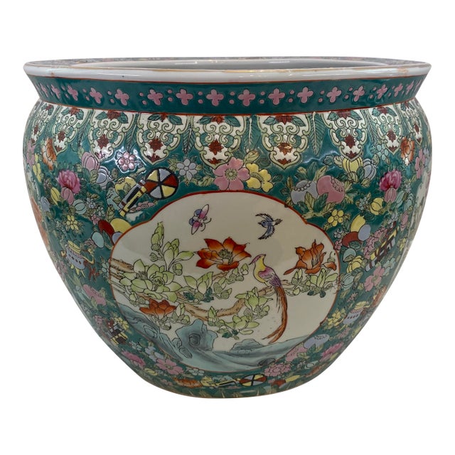 Chinese Famille Verte Style Porcelain Fish Bowl Jardinière Phoenix & Lotus, 20th For Sale