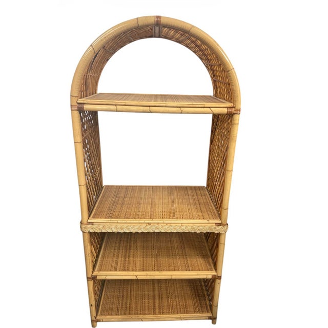 Vintage Mid-Century Arched Bamboo and Rattan Three-Tier Etagere / Bookshelf For Sale - Image 4 of 5