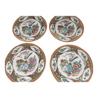 Set of Four 9” Rose Canton Vintage HandPainted Chinese Porcelain Plates - Millefleur, Floral For Sale