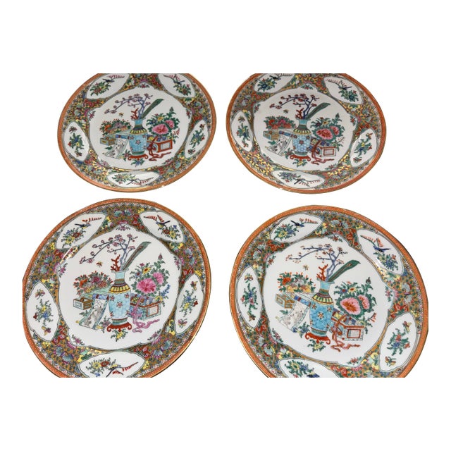 Set of Four 9” Rose Canton Vintage HandPainted Chinese Porcelain Plates - Millefleur, Floral For Sale