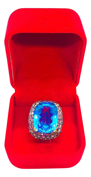 Bochic “Orient” Vintage London Blue Topaz & Pink Sapphire Ring Set In 18 K Gold
