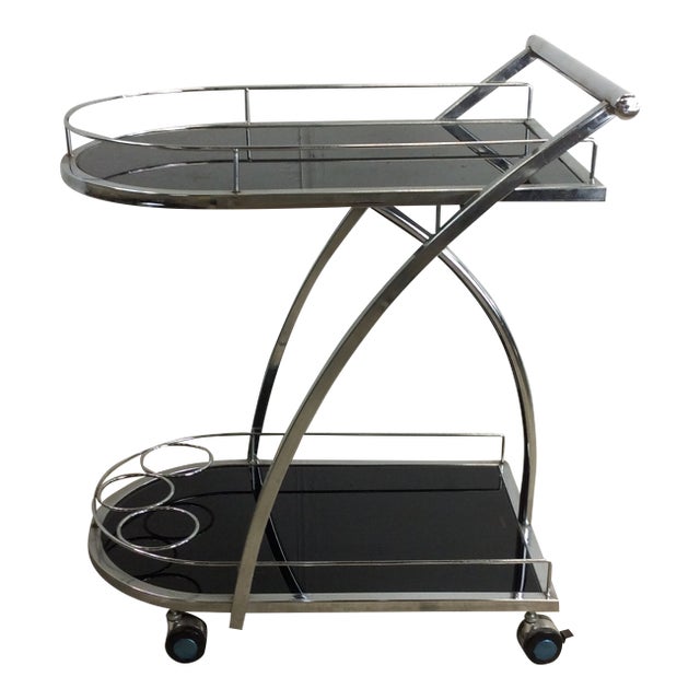 Postmodern Chrome and Glass Wheeled Bar Cart For Sale