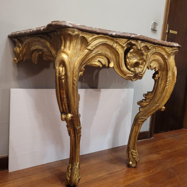 18th Century Louis XV Wall-Mounted Console Table in Carved and Gilded Wood, France For Sale - Image 9 of 18