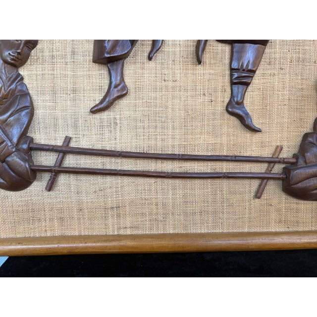 Wood Vintage 1960s Philippine Hand-Carved Teak Folk Dancers Wall Relief on Hessian, 3d Mid-Century Tiki Art For Sale - Image 7 of 9