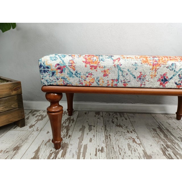 Rustic European Floral Rug Printed Fabric Upholstered Boho Style Vanity Bench For Sale - Image 3 of 9