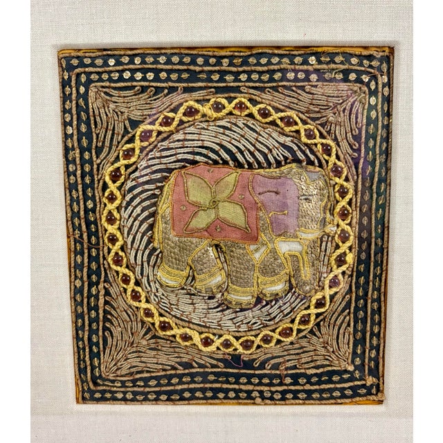 Late 20th Century Framed Burmese Kalaga Tapestry With Beaded Embroidery | Elephant Panel Wall Art For Sale - Image 10 of 11