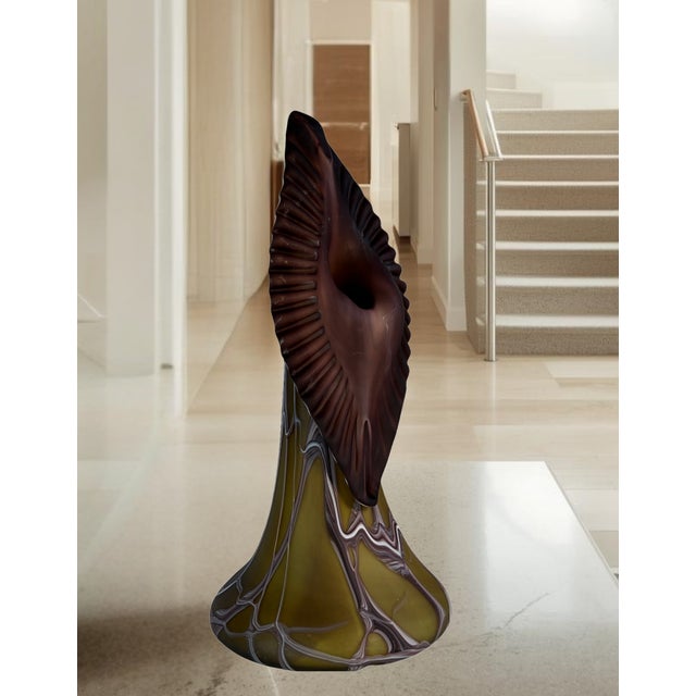 Olive Vintage Essie Zareh Baijan Abstract Jack in the Pulpit Green & Brown Art Glass Vase For Sale - Image 8 of 18