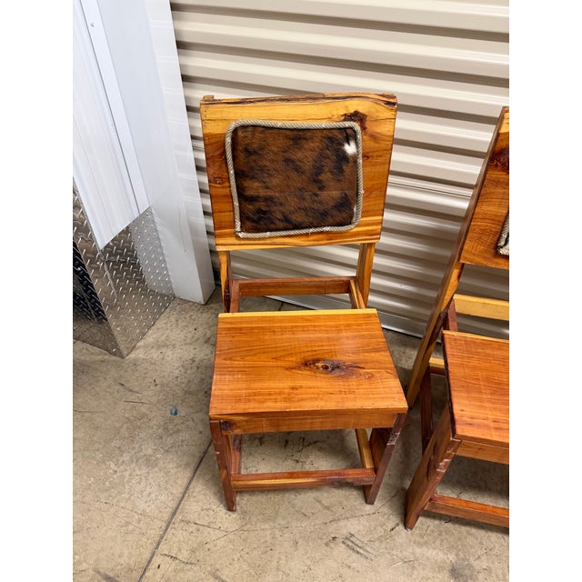 1960s Vintage Rustic Wood Dining Chairs With Genuine Upholstery Cow Hide Set of 4 For Sale - Image 5 of 6