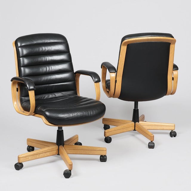 Wood Vintage Chairs with Oak Frame and Black Leather by Albert Stoll for Stoll Giroflex, 1980s, Set of 2 For Sale - Image 7 of 8