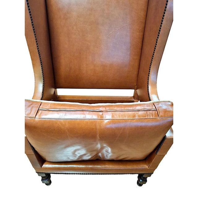 Camel Dessin Fournir French Leather and Mahogany Wingback Chair For Sale - Image 8 of 10