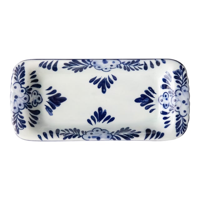 Vintage Dutch Delft Blue & White Floral Jewelry Dresser Tray Vide-Poche For Sale