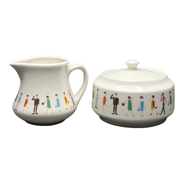 Vintage Cynthia Rowley for Fishs Eddy “Fashion People” Creamer and Sugar Bowl Set With Lid For Sale