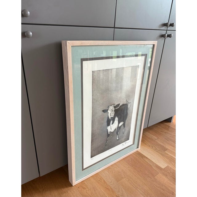 Large Framed Etching of a Black and White Cow For Sale - Image 9 of 12