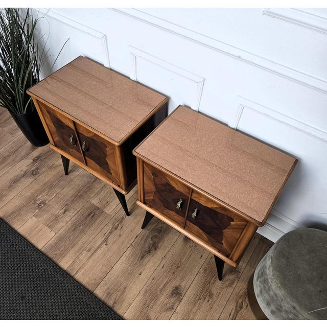 Mid-Century Art Deco Italian Nightstands with Walnut Glass Top, 1950s, Set of 2 For Sale - Image 6 of 10