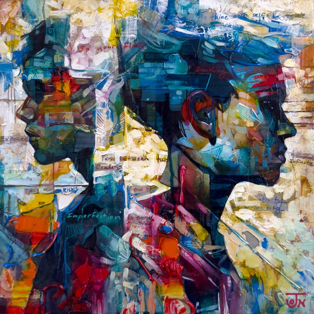 This mixed media piece presents two silhouetted figures in profile, their faces intricately layered with vibrant colors...